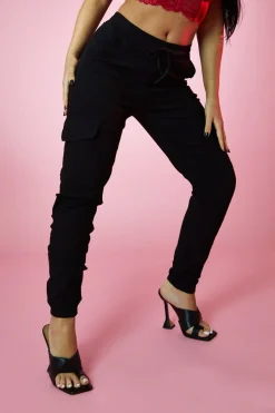 Rebellious Fashion Black Cuffed Hem Cargo Trousers - Rain