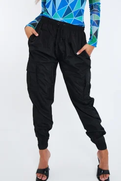 Rebellious Fashion Black Cuffed Hem Shell Cargo Joggers - Iris