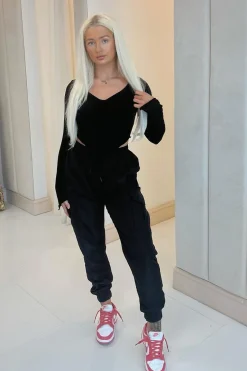 Rebellious Fashion Black Cuffed Hem Shell Cargo Joggers - Iris