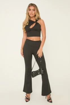 Rebellious Fashion Black Cut Out Detail Flare Trouser Co-Ord - Luna