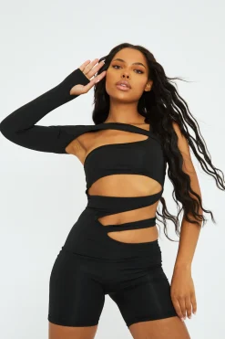 Rebellious Fashion Black Cut Out Detail One Sleeve Playsuit - Jane