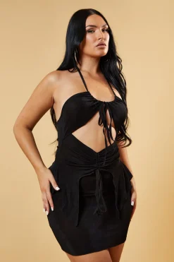 Rebellious Fashion Black Cut Out Front Asymmetric Top & Mini Skirt Co-ord Set - Milana