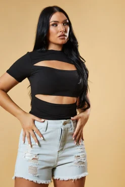 Rebellious Fashion Black Cut Out Front Short Sleeve Top - Nayla