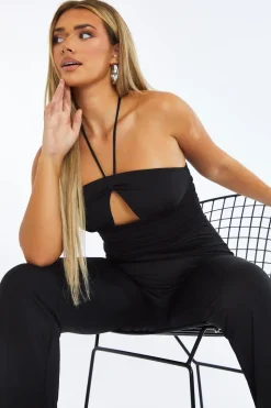 Rebellious Fashion Black Cut Out Halter Neck Wide Leg Jumpsuit - Fiona