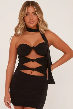 Rebellious Fashion Black Cut Out Knot Detail Bodysuit & Mini Skirt Co-ord - Aubree