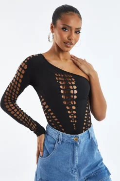 Rebellious Fashion Black Cutout One shoulder Bodysuit - Elia