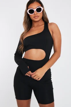 Rebellious Fashion Black Cut Out One Sleeve Playsuit - River
