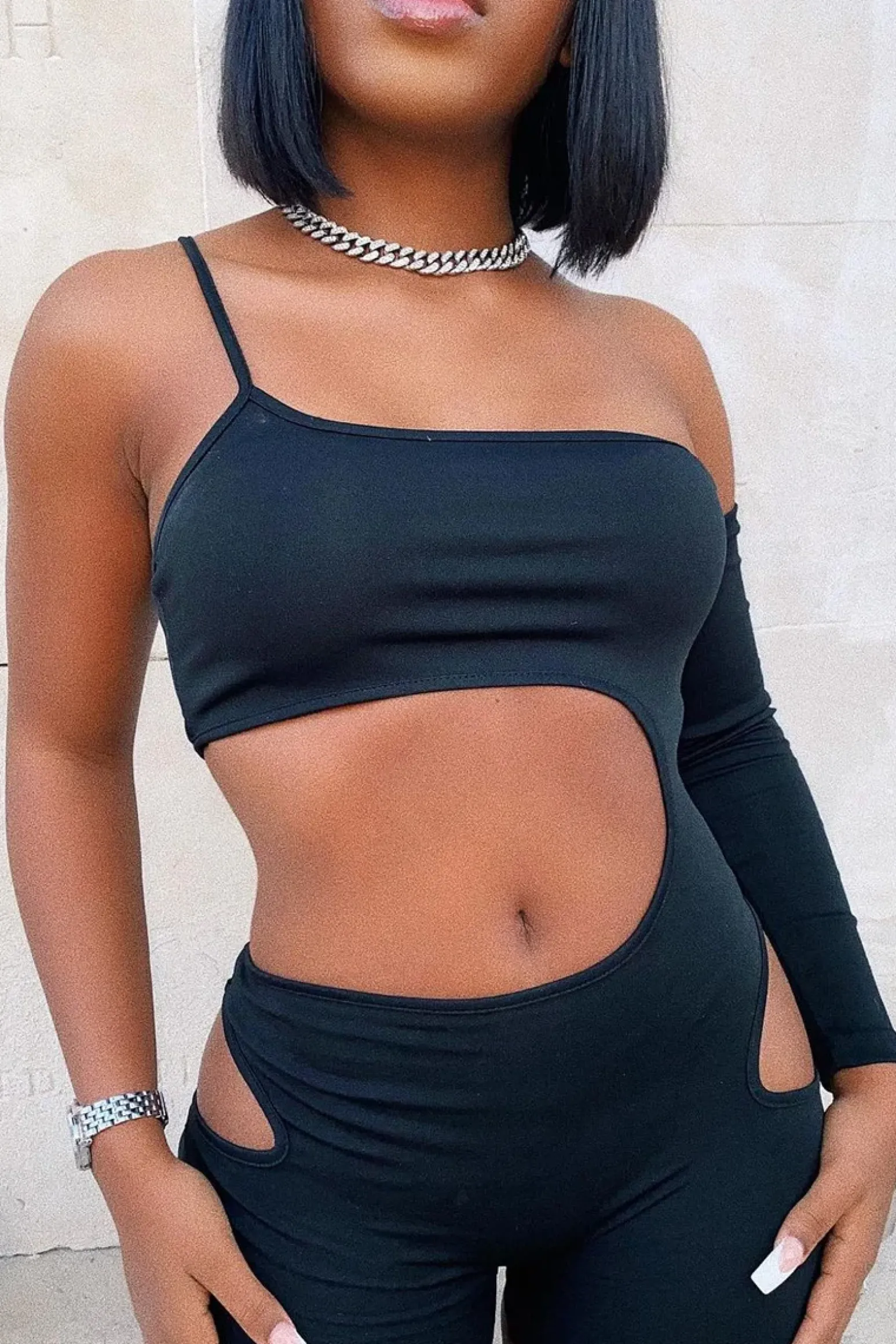 Rebellious Fashion Black Cut Out One Sleeve Playsuit - Aira
