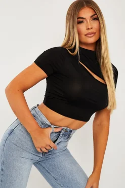 Rebellious Fashion Black Cut Out Short Sleeve Slinky Crop Top - Harriet