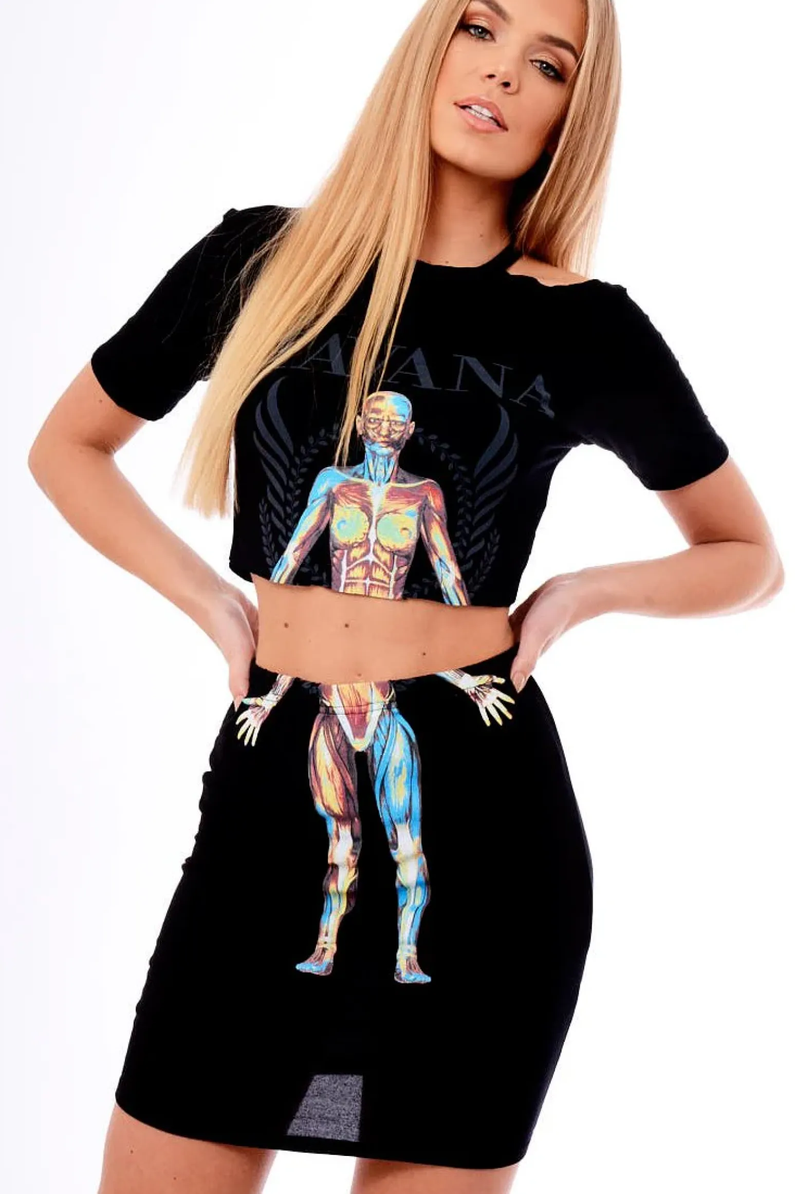 Rebellious Fashion Black Cut Out Shoulder 'Havana' Graphic Co-ord - Olah