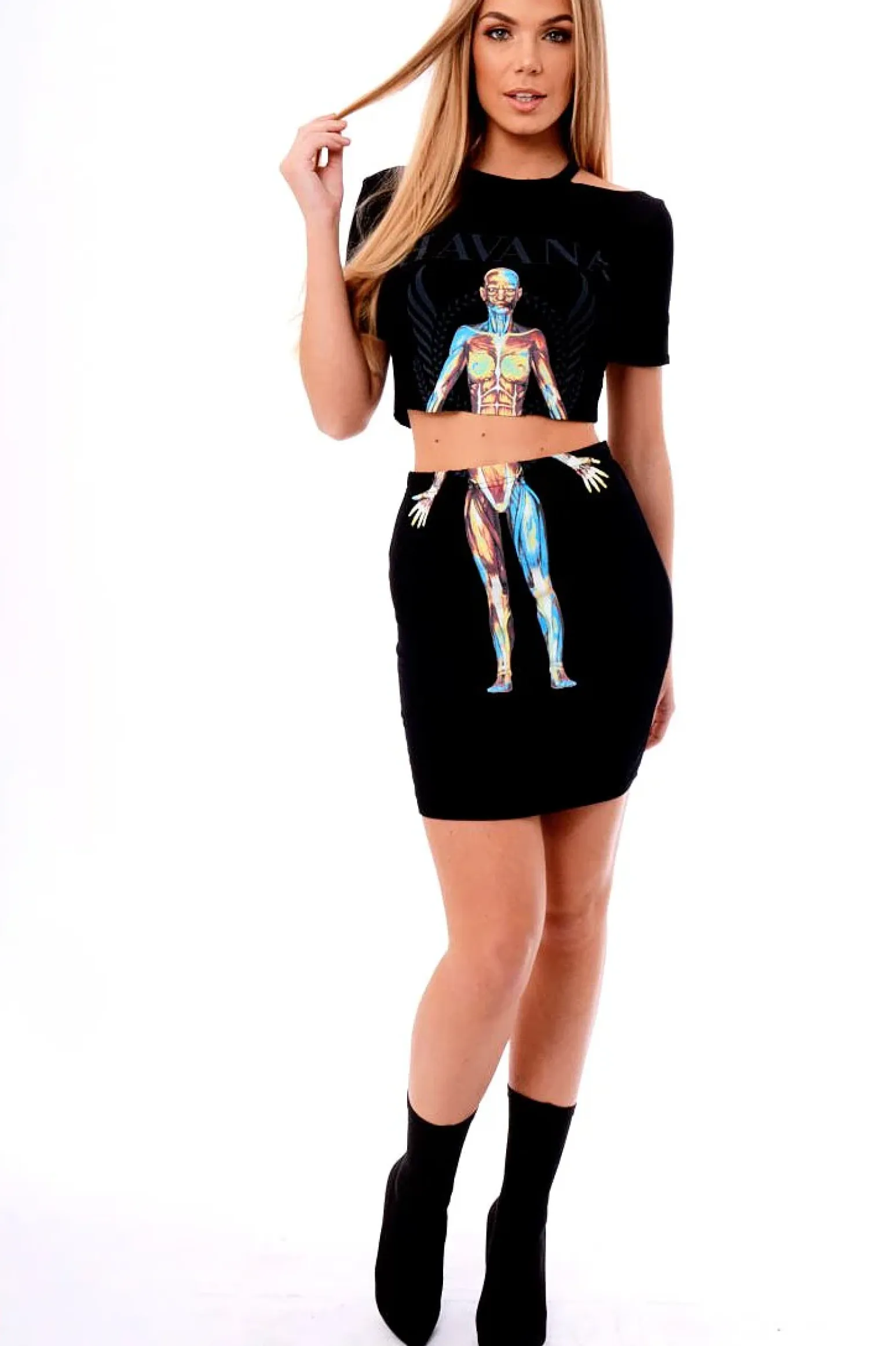 Rebellious Fashion Black Cut Out Shoulder 'Havana' Graphic Co-ord - Olah