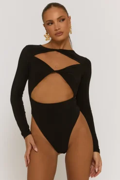 Rebellious Fashion Black Cut Out Twist Front Bodysuit - Raisa