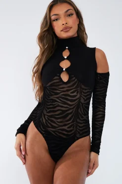 Rebellious Fashion Black Cut Out Velvet Mesh Zebra Print Bodysuit - Nova