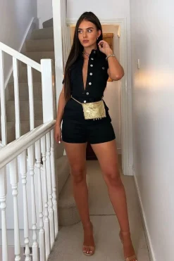 Rebellious Fashion Black Denim Button Front Belted Playsuit - Darlina