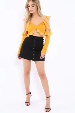 Rebellious Fashion Black Denim Button Front Skirt - Marybelle