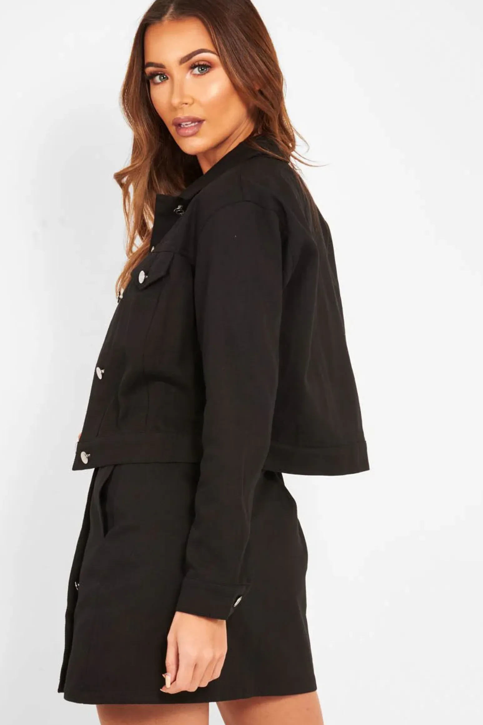 Rebellious Fashion Black Denim Button Front Skirt Jacket Co-Ord - Dima