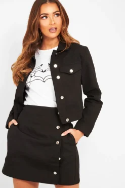 Rebellious Fashion Black Denim Button Front Skirt Jacket Co-Ord - Dima
