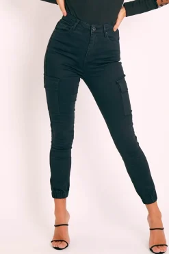 Rebellious Fashion Black Denim Cargo Jeans - Destany