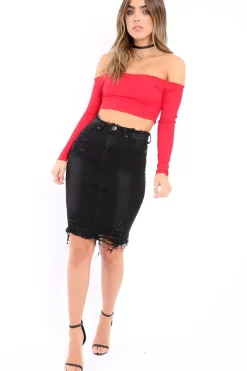 Rebellious Fashion Black Denim Distressed Midi Skirt - Lea