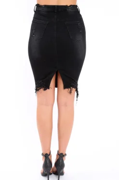 Rebellious Fashion Black Denim Distressed Midi Skirt - Lea
