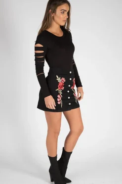 Rebellious Fashion Black Denim Embroidered Button Skirt - Grace