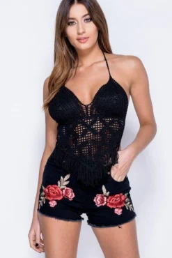 Rebellious Fashion Black Denim Floral Embroidered Hotpants - Kirstie