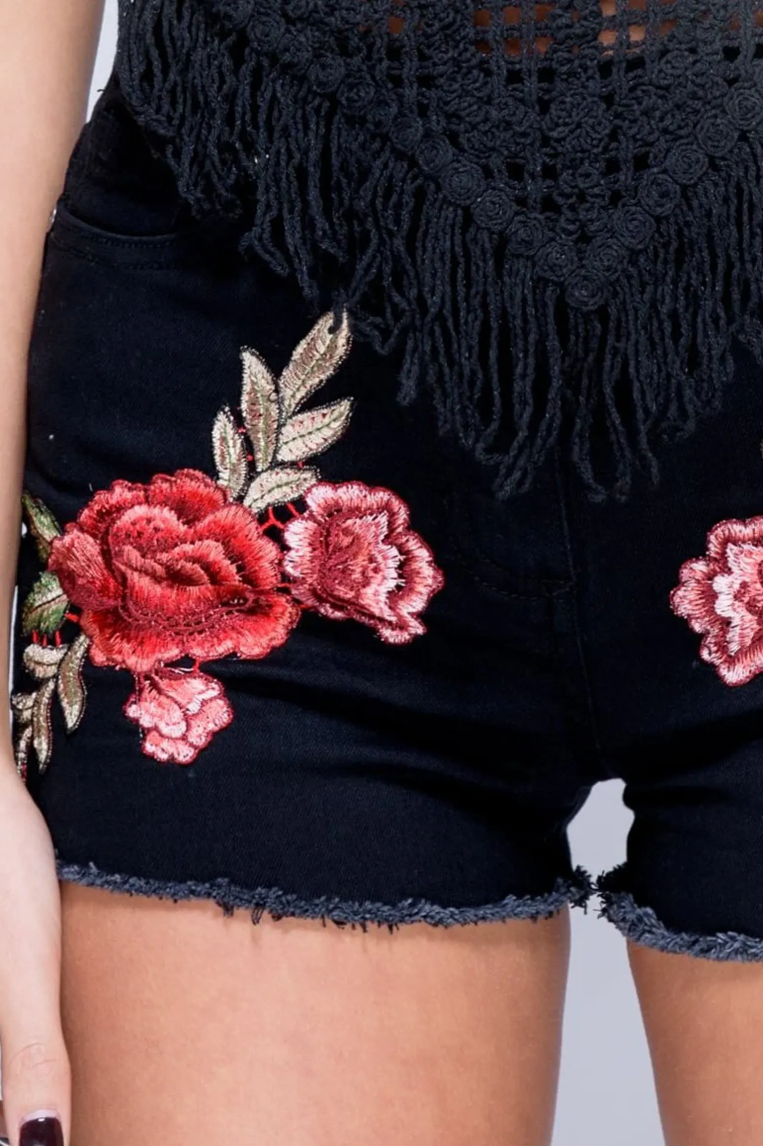 Rebellious Fashion Black Denim Floral Embroidered Hotpants - Kirstie