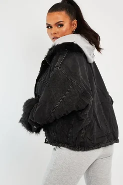 Rebellious Fashion Black Denim Fur Trim Coat - Khaira