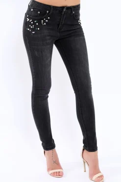 Rebellious Fashion Black Denim Jewelled Skinny Jeans - Jezzy