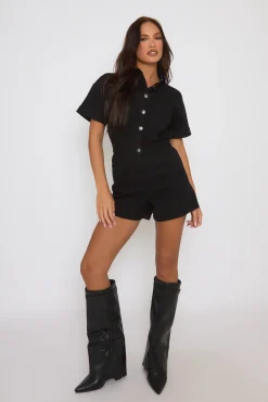 Rebellious Fashion Black Denim Playsuit - Betsy