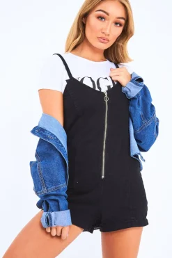 Rebellious Fashion Black Denim Plunge Zip Front Playsuit - Tiona