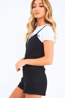 Rebellious Fashion Black Denim Plunge Zip Front Playsuit - Tiona