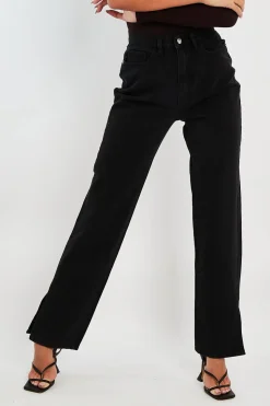 Rebellious Fashion Black Denim Straight Leg Side Split Jeans - Tashi