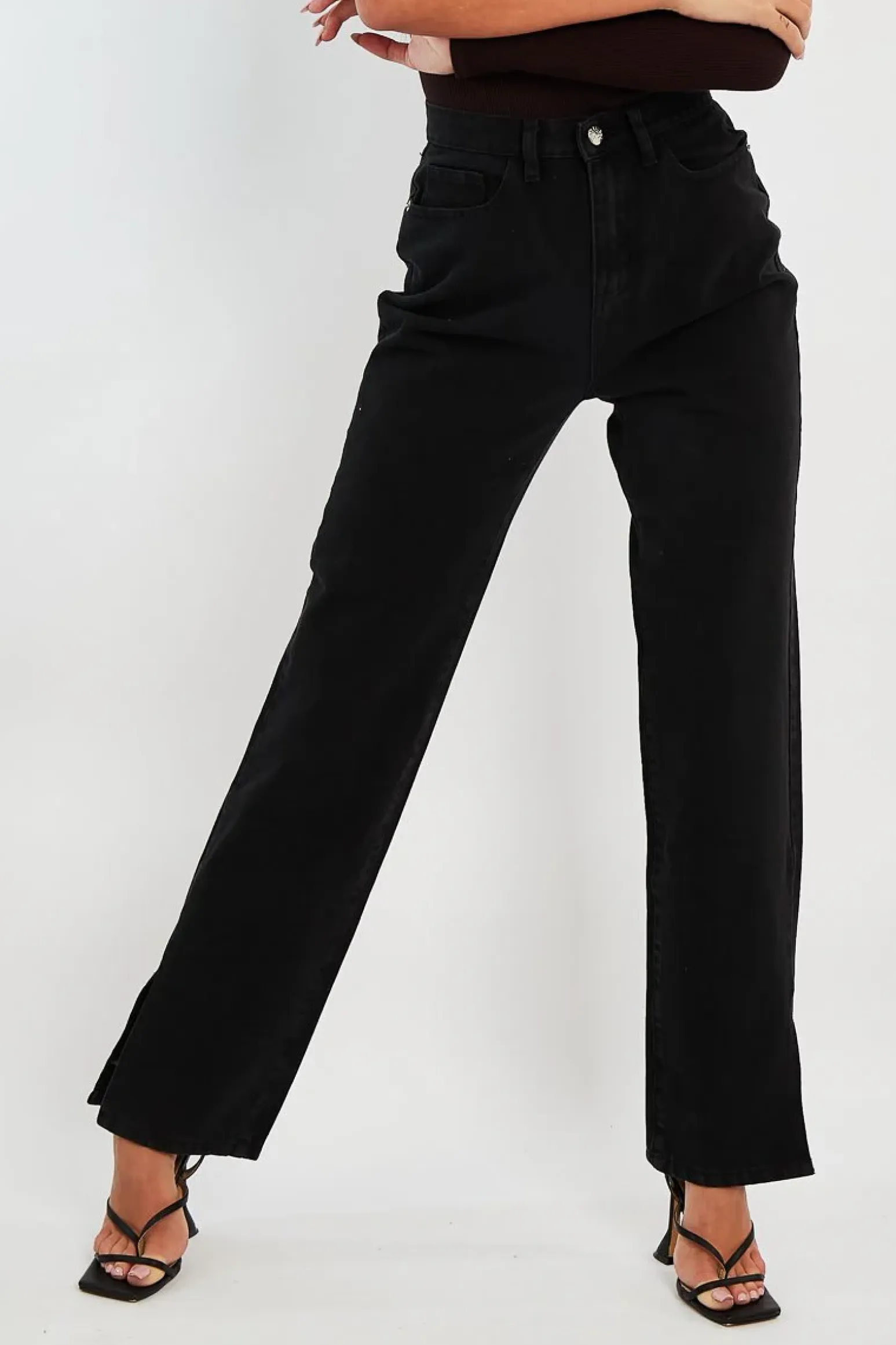 Rebellious Fashion Black Denim Straight Leg Side Split Jeans - Tashi