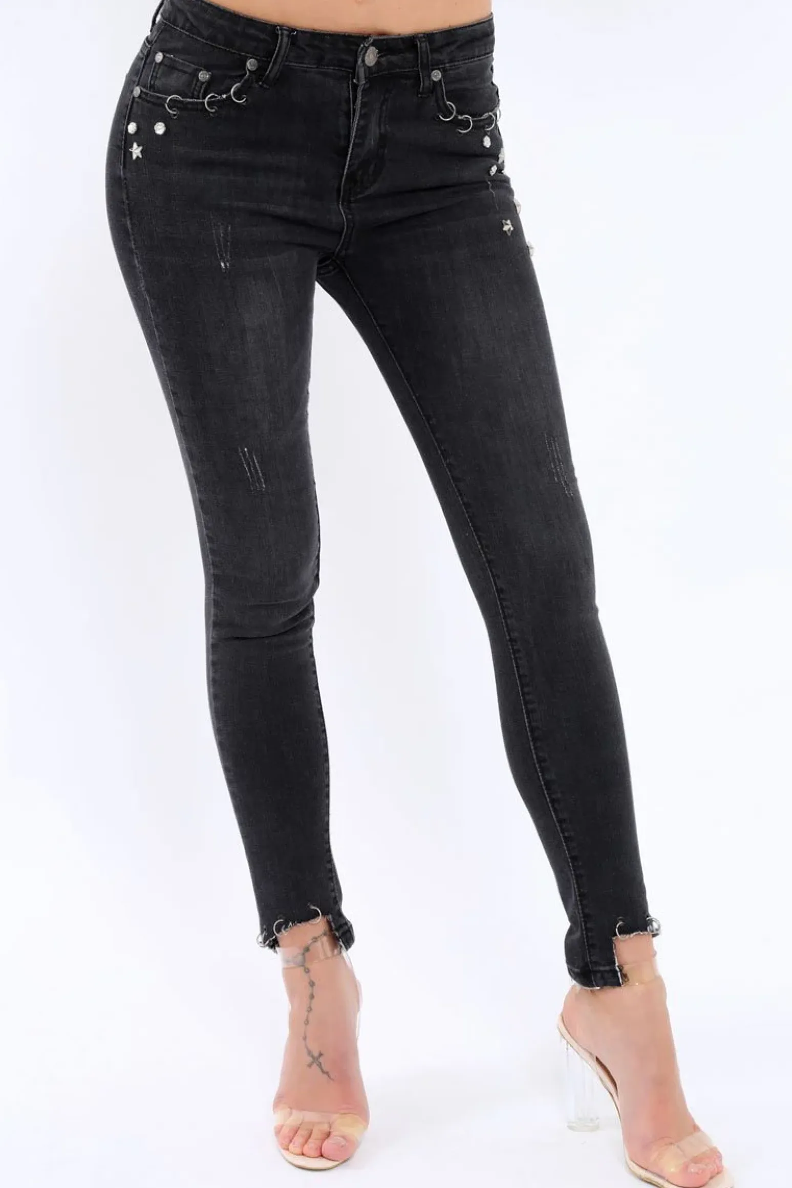 Rebellious Fashion Black Denim Stud And Eyelet Ring Jeans - Lesha