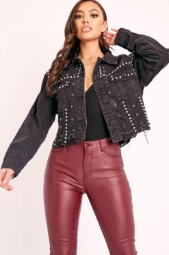 Rebellious Fashion Black Denim Studded Cropped Jacket - Gwenna