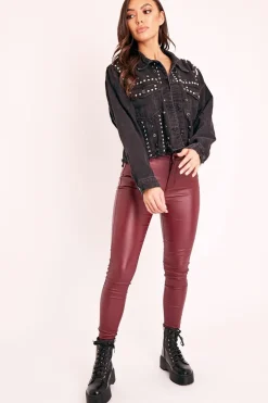 Rebellious Fashion Black Denim Studded Cropped Jacket - Gwenna