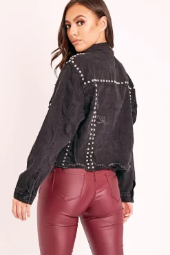 Rebellious Fashion Black Denim Studded Cropped Jacket - Gwenna