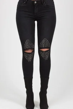 Rebellious Fashion Black Denim Studded Jeans -Georgia