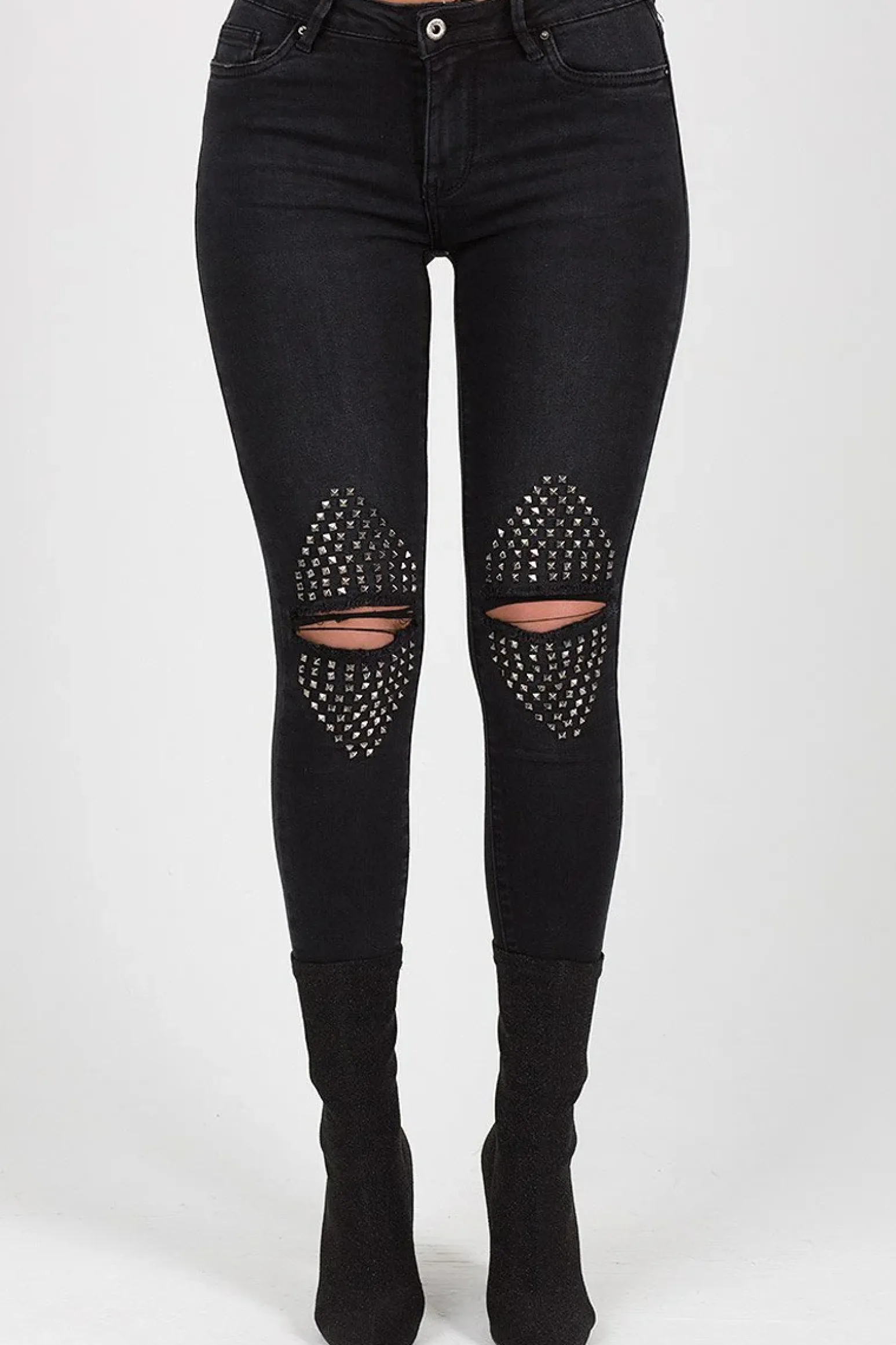 Rebellious Fashion Black Denim Studded Jeans -Georgia