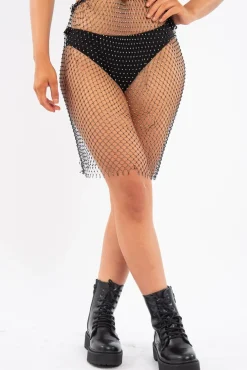 Rebellious Fashion Black Diamante Fishnet Mesh Drawstring Midi Skirt - Kameryn
