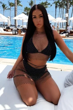Rebellious Fashion Black Diamante Fishnet Mesh Drawstring Midi Skirt - Kameryn