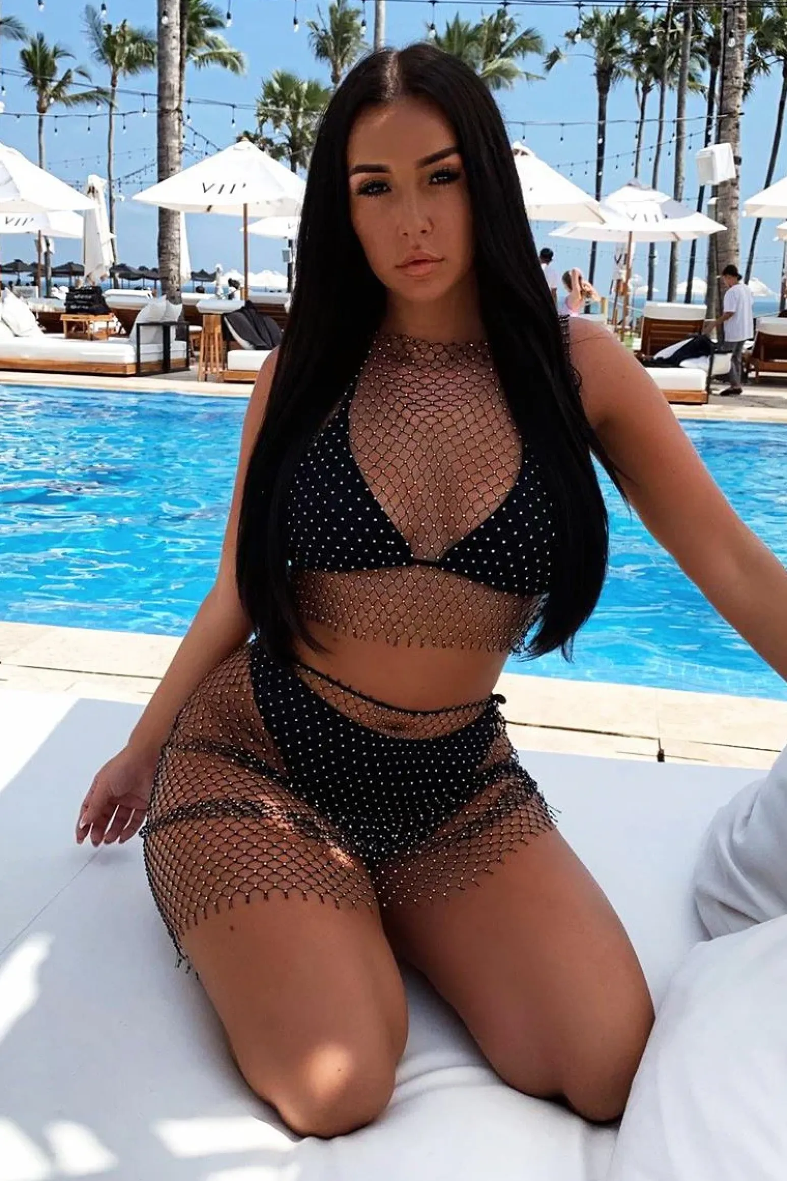 Rebellious Fashion Black Diamante Fishnet Mesh Drawstring Midi Skirt - Kameryn