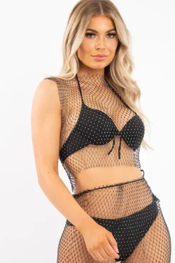 Rebellious Fashion Black Diamante Fishnet Mesh Top - Jaimee
