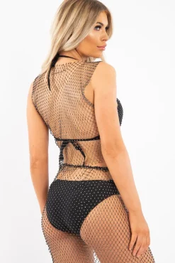 Rebellious Fashion Black Diamante Fishnet Mesh Top - Jaimee