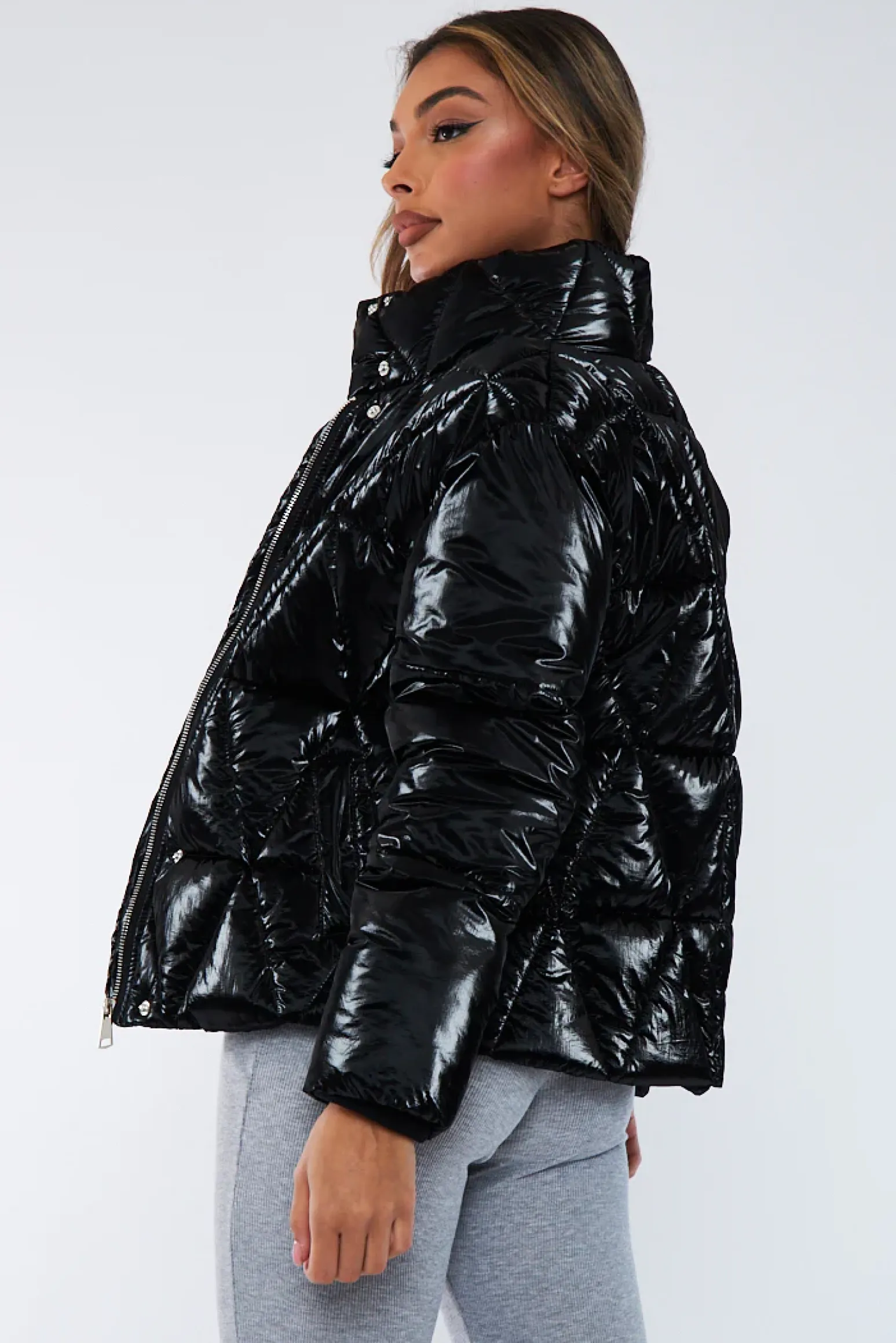 Rebellious Fashion Black Diamond Quilt High Shine Puffer Jacket - Lumi