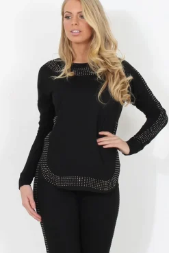 Rebellious Fashion Black Diamonte Loungewear - Linnea