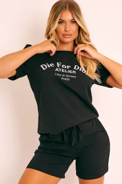 Rebellious Fashion Black Die For Dior T-shirt and Shorts Loungewear Co-ord - Kaelie