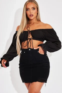 Rebellious Fashion Black Distressed Denim Mini Skirt - Thaliah