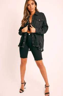 Rebellious Fashion Black Distressed Denim Oversized Shirt - Deena